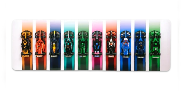 white – cars photo Ten LEGO Speed Champions F1 cars mounted on a white BrickScapes custom horizontal wall display panel.