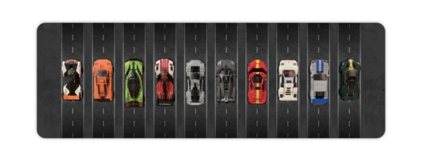 A horizontal, dark-themed wall display mockup featuring ten LEGO Speed Champions cars lined up side-by-side on a black asphalt road graphic complete with white lane markings, on a dark concrete background