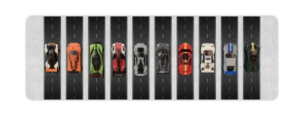 A horizontal, dark-themed wall display mockup featuring ten LEGO Speed Champions cars lined up side-by-side on a black asphalt road graphic complete with white lane markings, on a light concrete background