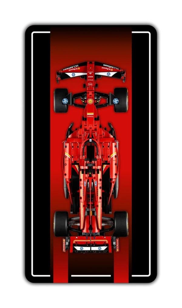 Ferarri technic display – dark mockup LEGO Technic Ferrari SF-24 F1 car mounted on a dark BrickScapes wall display frame with red accents.