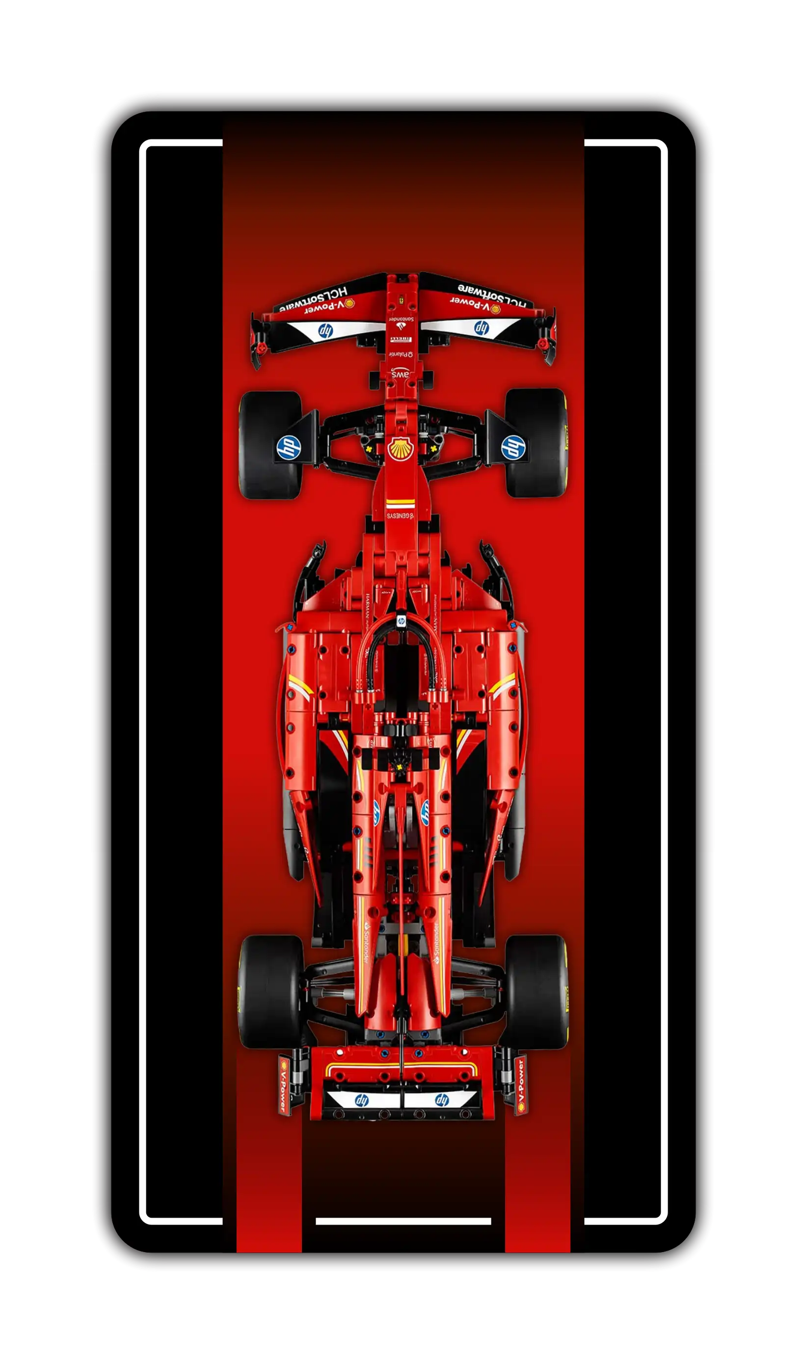 LEGO Technic Ferrari SF-24 F1 car mounted on a dark BrickScapes wall display frame with red accents.