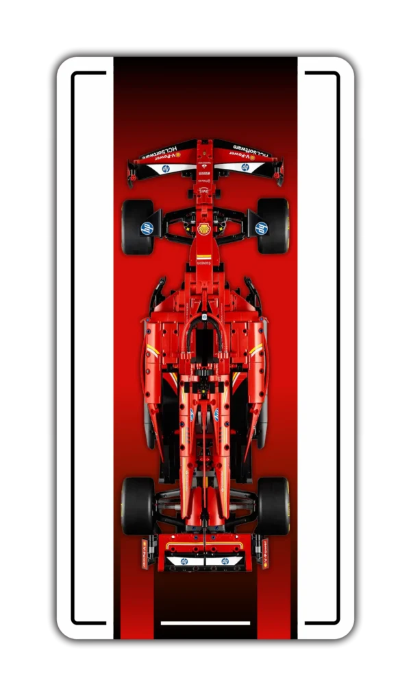 LEGO Technic Ferrari SF-24 F1 car mounted on a custom BrickScapes wall display frame with red accents.