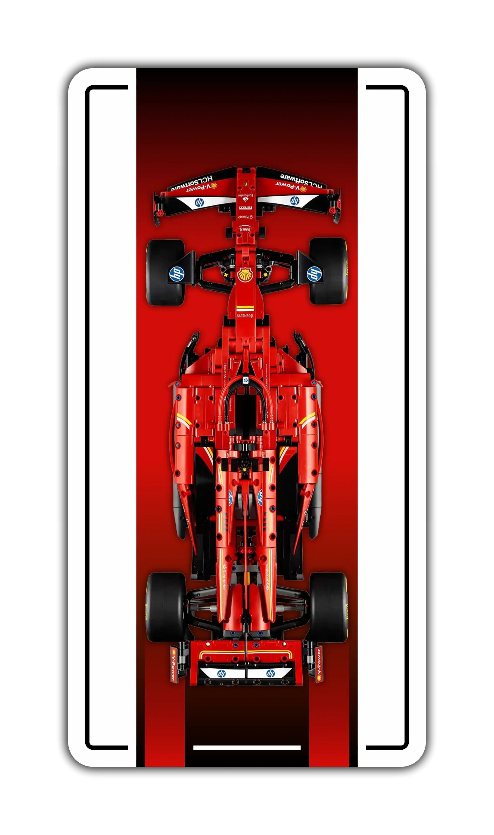 LEGO Technic Ferrari SF-24 F1 car mounted on a custom BrickScapes wall display frame with red accents.