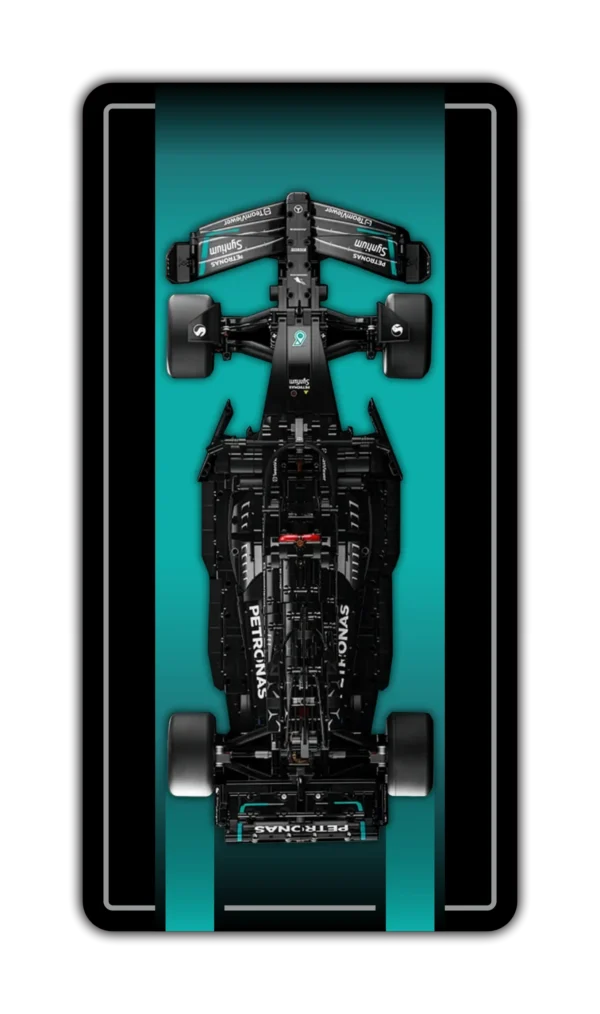 Mercedes F1 LEGO Technic car mounted on a custom black and teal BrickScapes wall display frame.