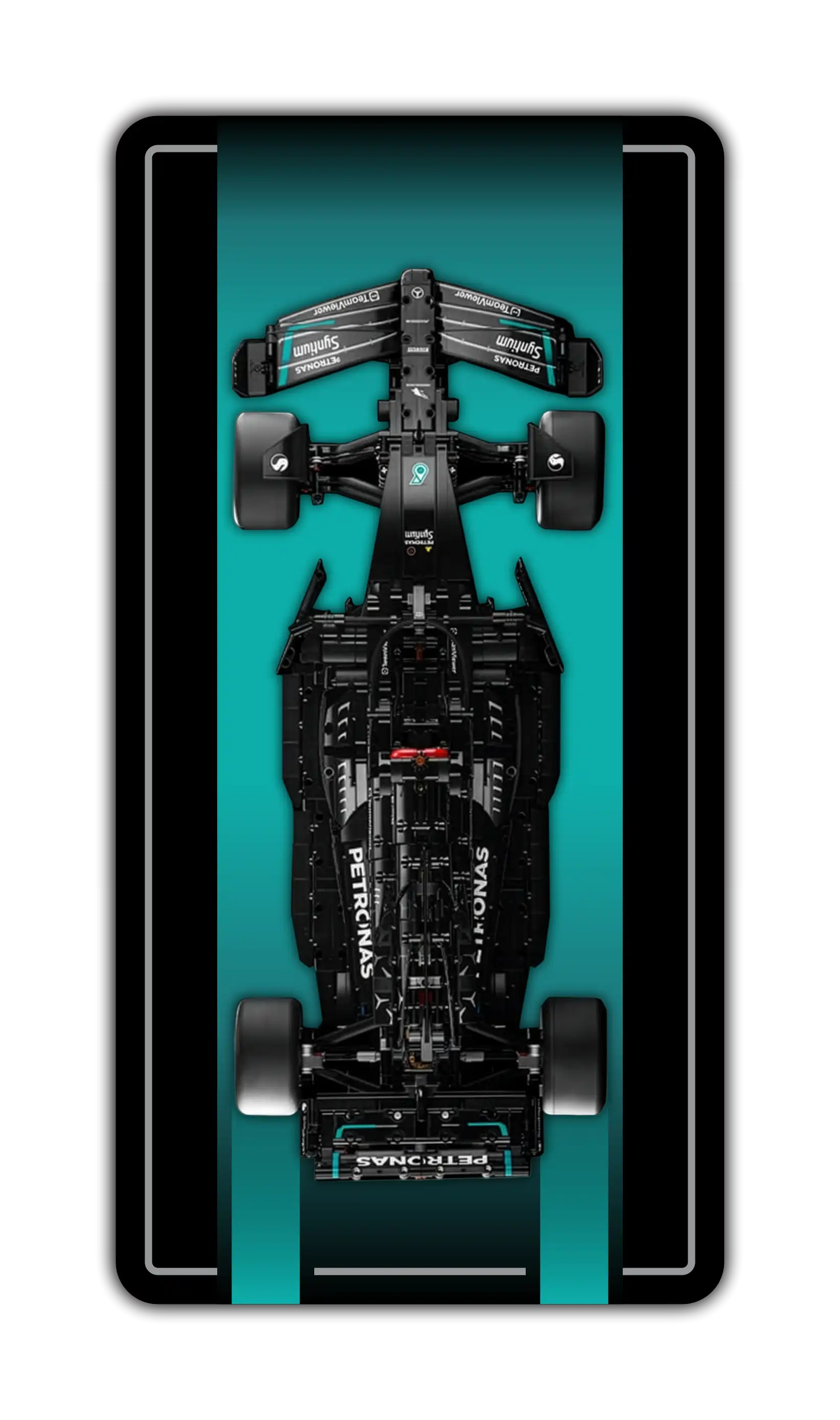 Mercedes F1 LEGO Technic car mounted on a custom black and teal BrickScapes wall display frame.
