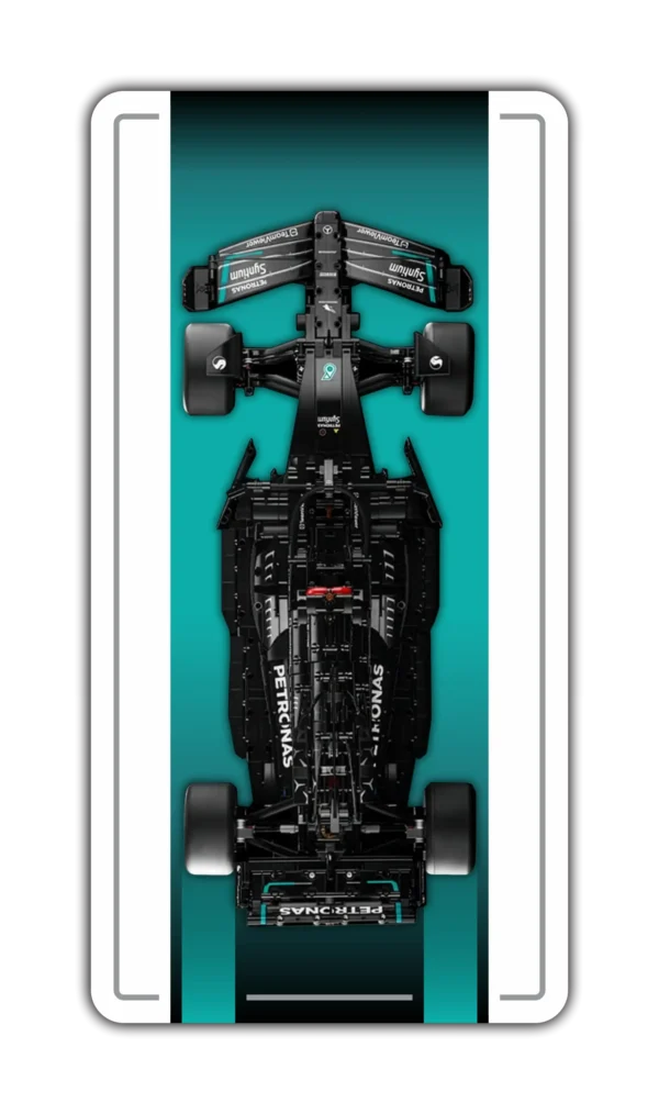 LEGO Technic Mercedes F1 car mounted on a custom BrickScapes wall display frame with a teal accent strip.