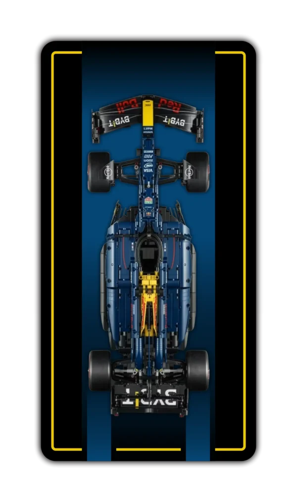 LEGO Technic Red Bull Racing F1 car mounted on a dark BrickScapes wall display frame with yellow accents.