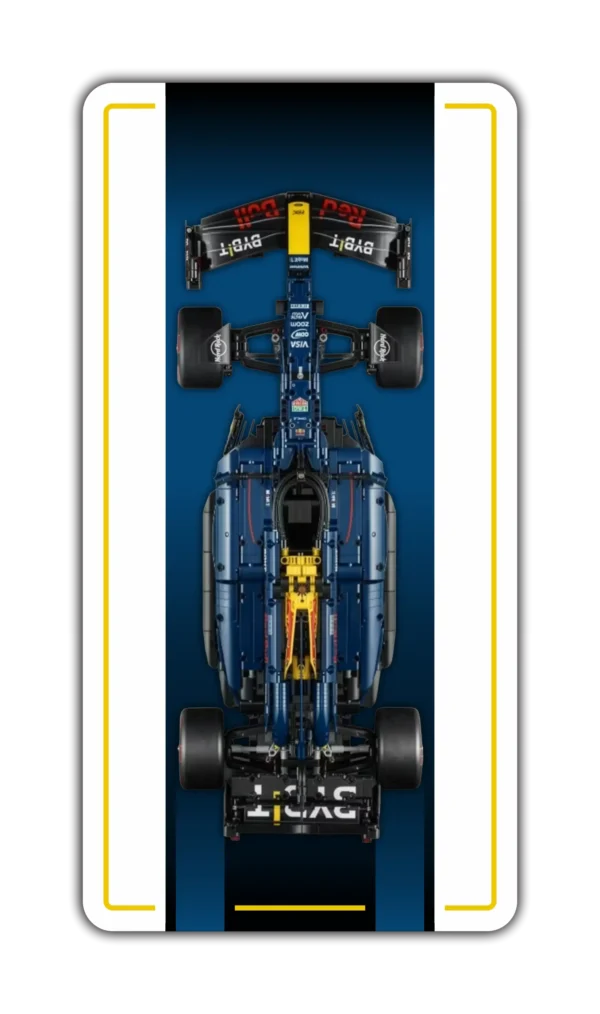 LEGO Technic Red Bull Racing F1 car mounted on a custom BrickScapes wall display frame with yellow accents.