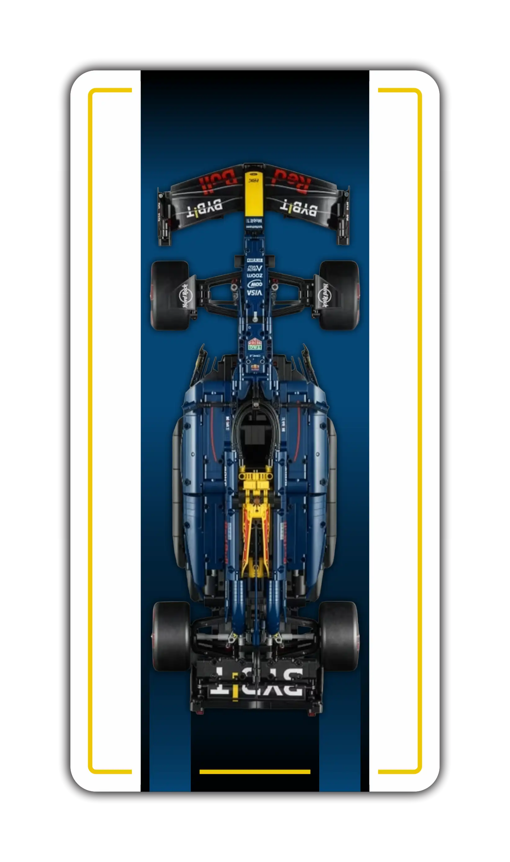 LEGO Technic Red Bull Racing F1 car mounted on a custom BrickScapes wall display frame with yellow accents.