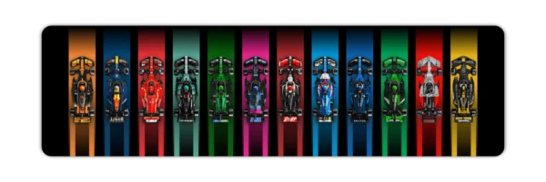 Speed champs display extended – w cars dark mockup 12 LEGO Speed Champions Formula 1 cars mounted on a dark BrickScapes custom horizontal wall display panel.