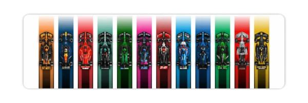 12 LEGO Speed Champions Formula 1 cars mounted on an extended BrickScapes custom horizontal wall display panel.